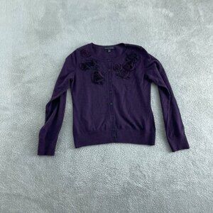 Banana Republic Womens M Purple Cardigan With Floral Embellishments Merino 3729